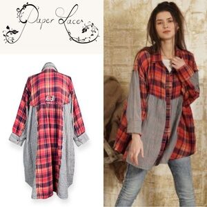 PAPER LACE MIXED PLAID AND STRIPE OVERSIZED TUNIC SHIRT DRESS